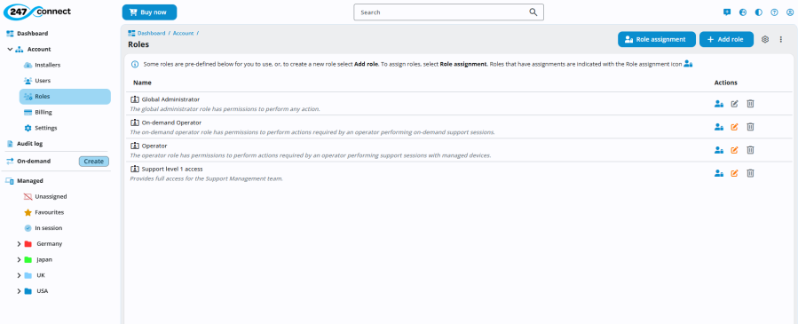 Web Portal with Account > Roles selected. It lists four roles: Global Administrator, On-demand Operator, Operator, and Support level 1 access. Each role has a brief description. The Actions column includes icons for role assignment, editing, and deleting. At the top right are two buttons: Role assignment and Add role. 